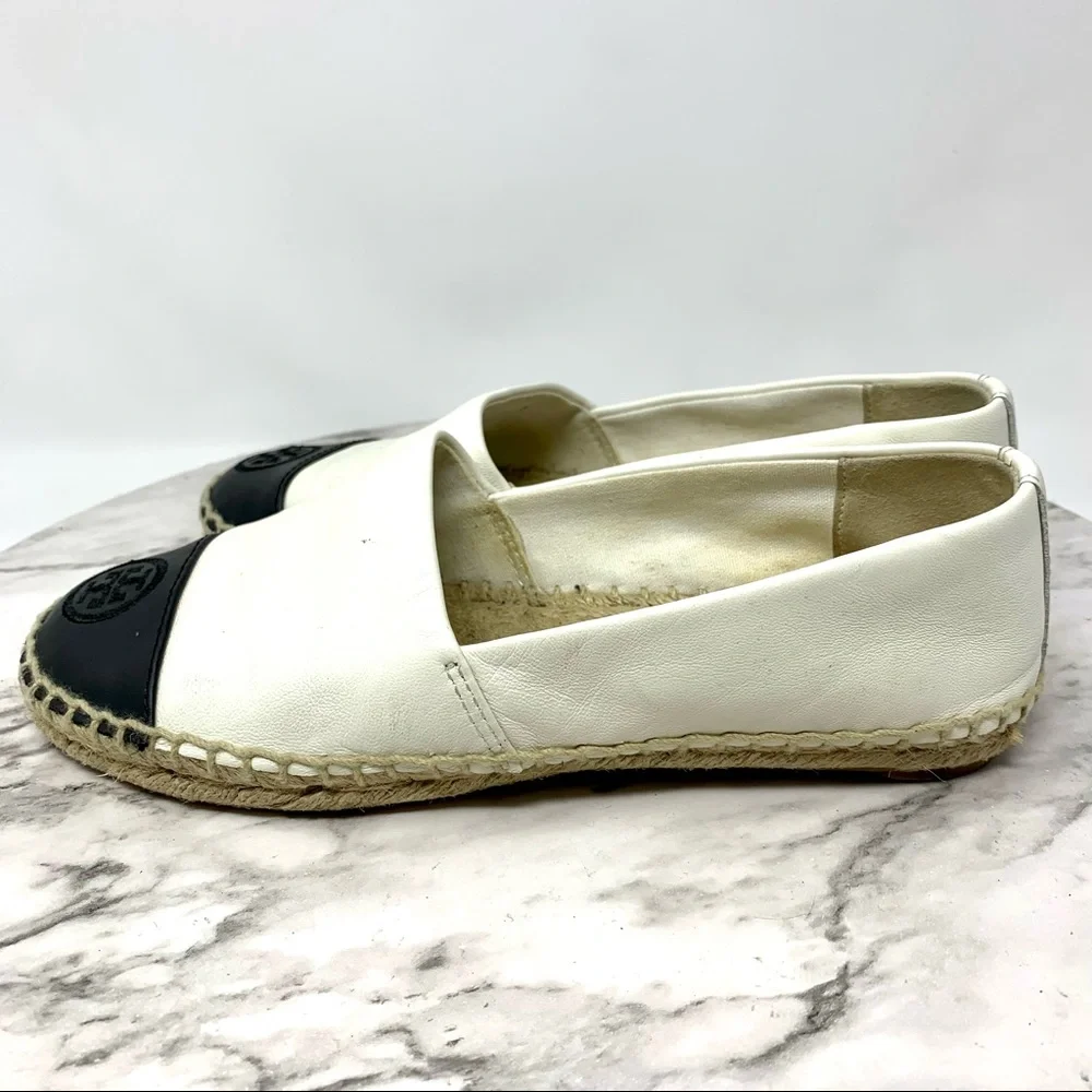 Tory Burch Color-Block Black/Cream Leather Espadrilles 6 Euro Summer Classic